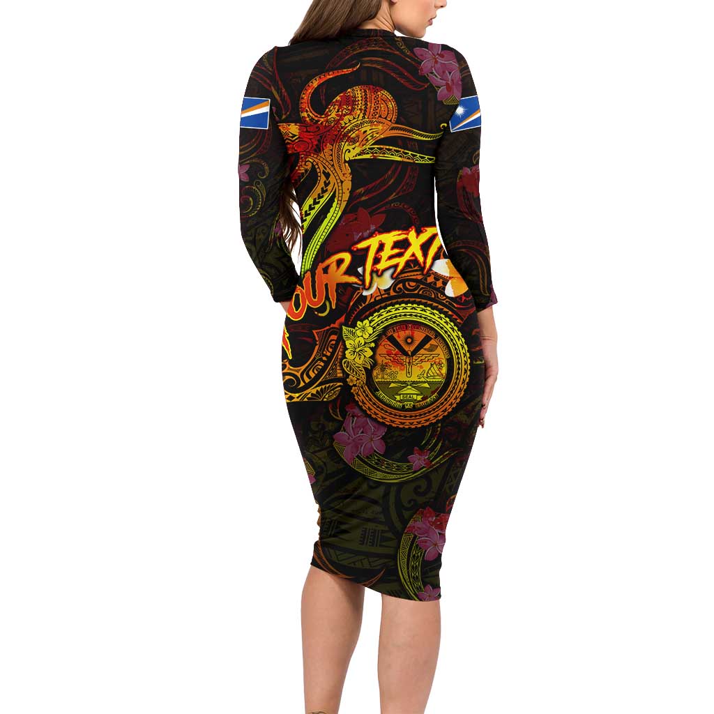 Marshall Islands Long Sleeve Bodycon Dress Octopus Plumeria Polynesian Tattoo
