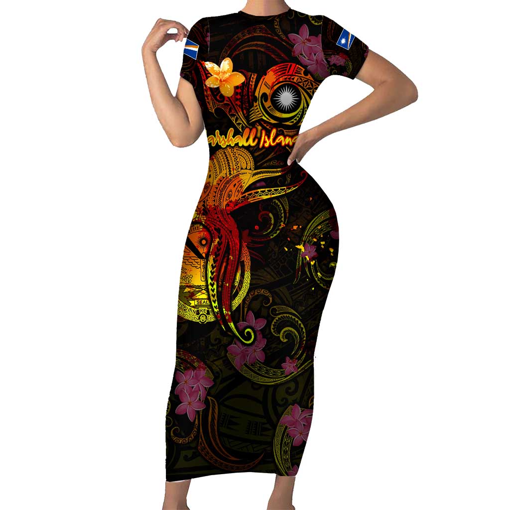Marshall Islands Short Sleeve Bodycon Dress Octopus Plumeria Polynesian Tattoo