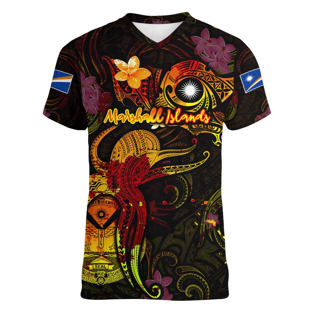 Marshall Islands Women V-Neck T-Shirt Octopus Plumeria Polynesian Tattoo
