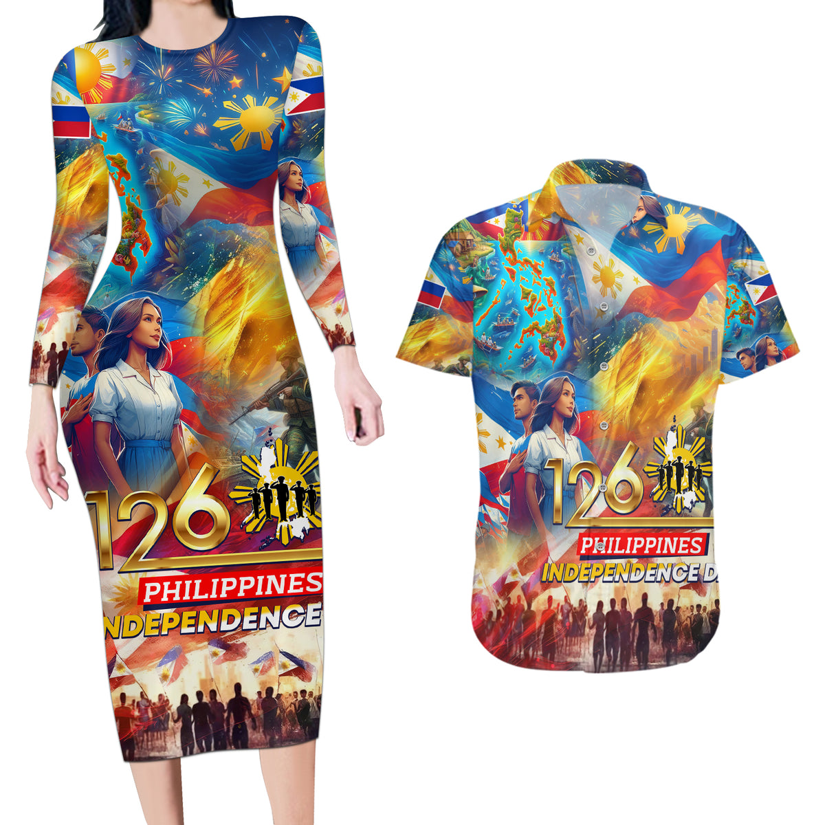 Custom The Philippines 126th Independence Anniversary Couples Matching Long Sleeve Bodycon Dress and Hawaiian Shirt Art Style DT02 Art - Polynesian Pride