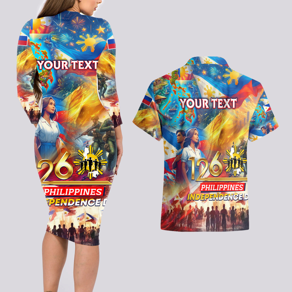 Custom The Philippines 126th Independence Anniversary Couples Matching Long Sleeve Bodycon Dress and Hawaiian Shirt Art Style DT02 - Polynesian Pride