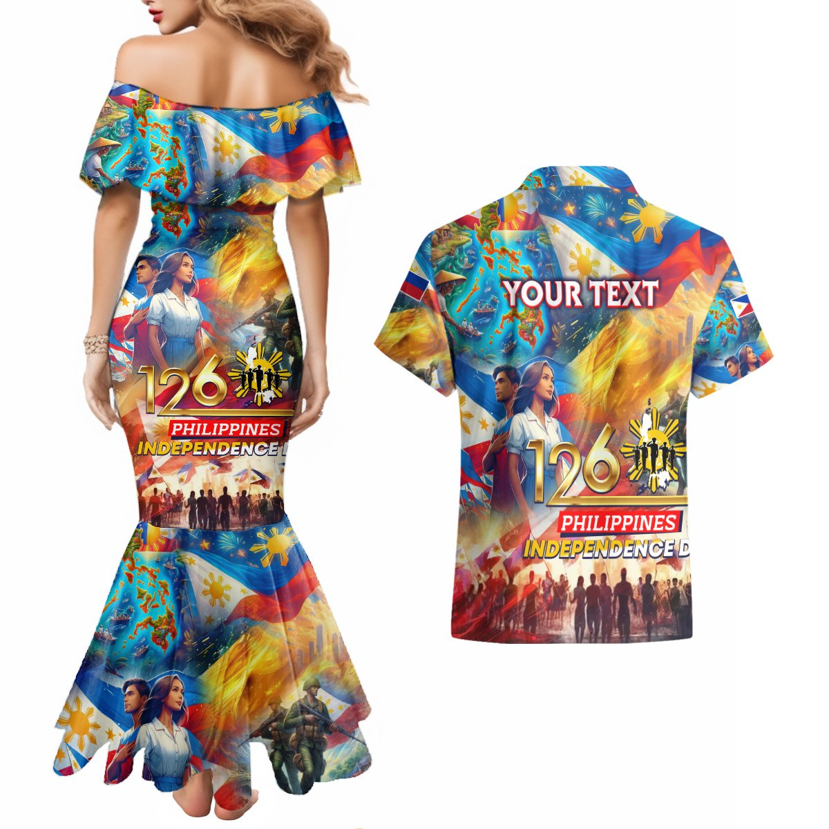 Custom The Philippines 126th Independence Anniversary Couples Matching Mermaid Dress and Hawaiian Shirt Art Style DT02 - Polynesian Pride