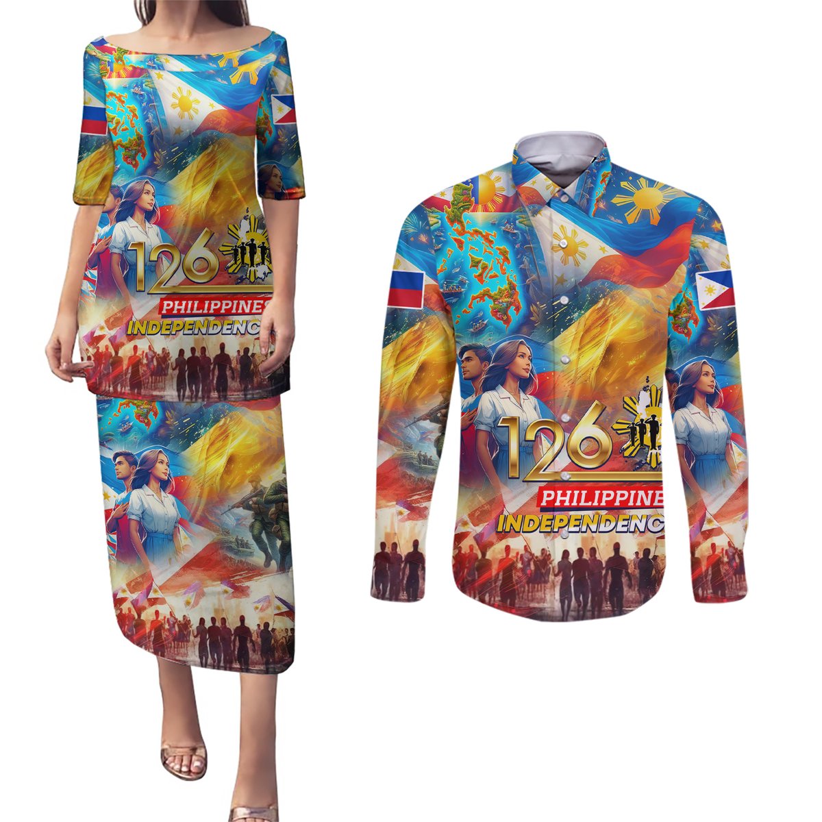 Custom The Philippines 126th Independence Anniversary Couples Matching Puletasi and Long Sleeve Button Shirt Art Style