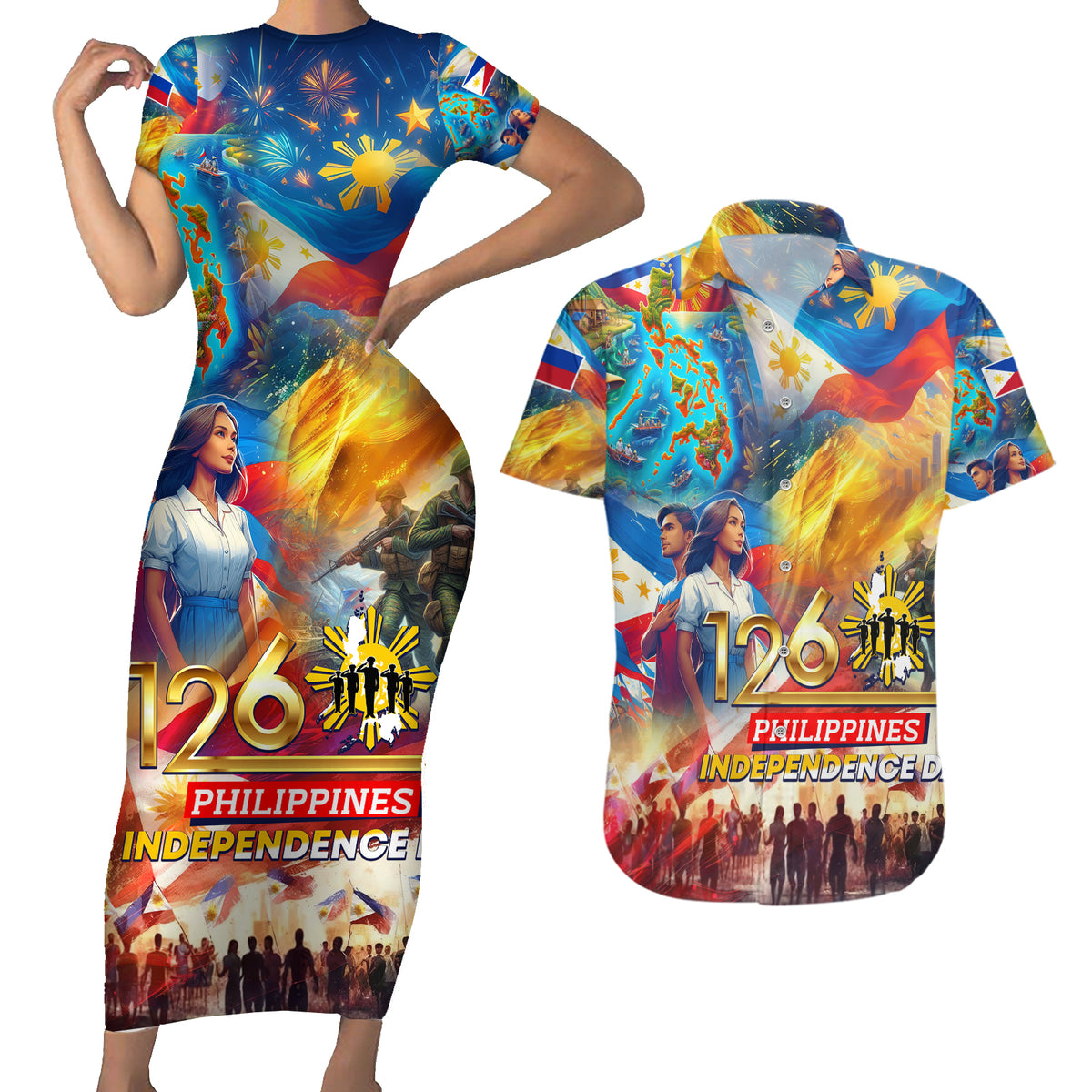 Custom The Philippines 126th Independence Anniversary Couples Matching Short Sleeve Bodycon Dress and Hawaiian Shirt Art Style DT02 Art - Polynesian Pride