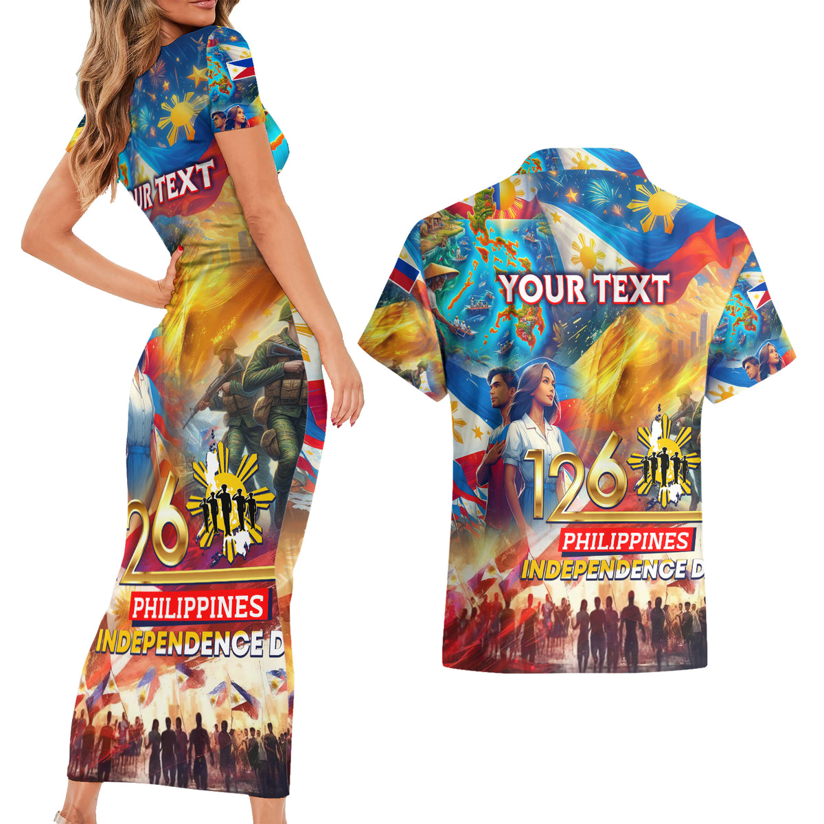 Custom The Philippines 126th Independence Anniversary Couples Matching Short Sleeve Bodycon Dress and Hawaiian Shirt Art Style DT02 - Polynesian Pride