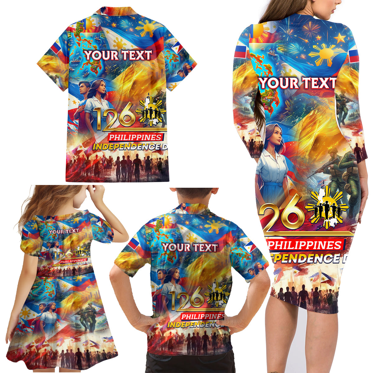 Custom The Philippines 126th Independence Anniversary Family Matching Long Sleeve Bodycon Dress and Hawaiian Shirt Art Style DT02 - Polynesian Pride