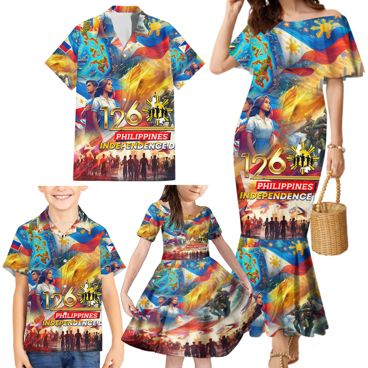Custom The Philippines 126th Independence Anniversary Family Matching Mermaid Dress and Hawaiian Shirt Art Style DT02 - Polynesian Pride