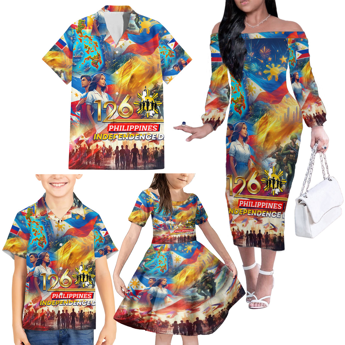 Custom The Philippines 126th Independence Anniversary Family Matching Off The Shoulder Long Sleeve Dress and Hawaiian Shirt Art Style DT02 - Polynesian Pride