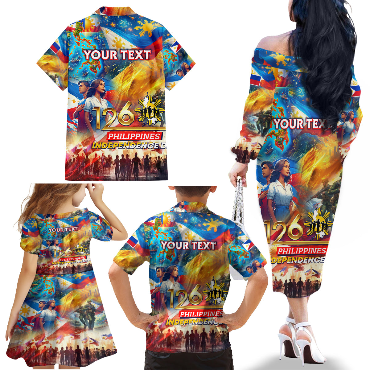 Custom The Philippines 126th Independence Anniversary Family Matching Off The Shoulder Long Sleeve Dress and Hawaiian Shirt Art Style DT02 - Polynesian Pride