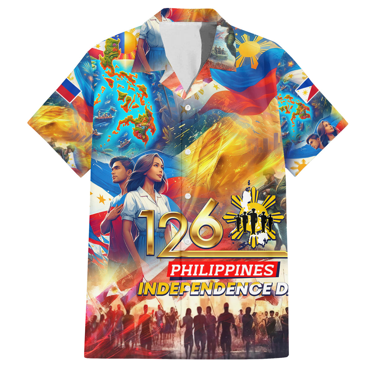 Custom The Philippines 126th Independence Anniversary Family Matching Off The Shoulder Long Sleeve Dress and Hawaiian Shirt Art Style DT02 Dad's Shirt - Short Sleeve Art - Polynesian Pride