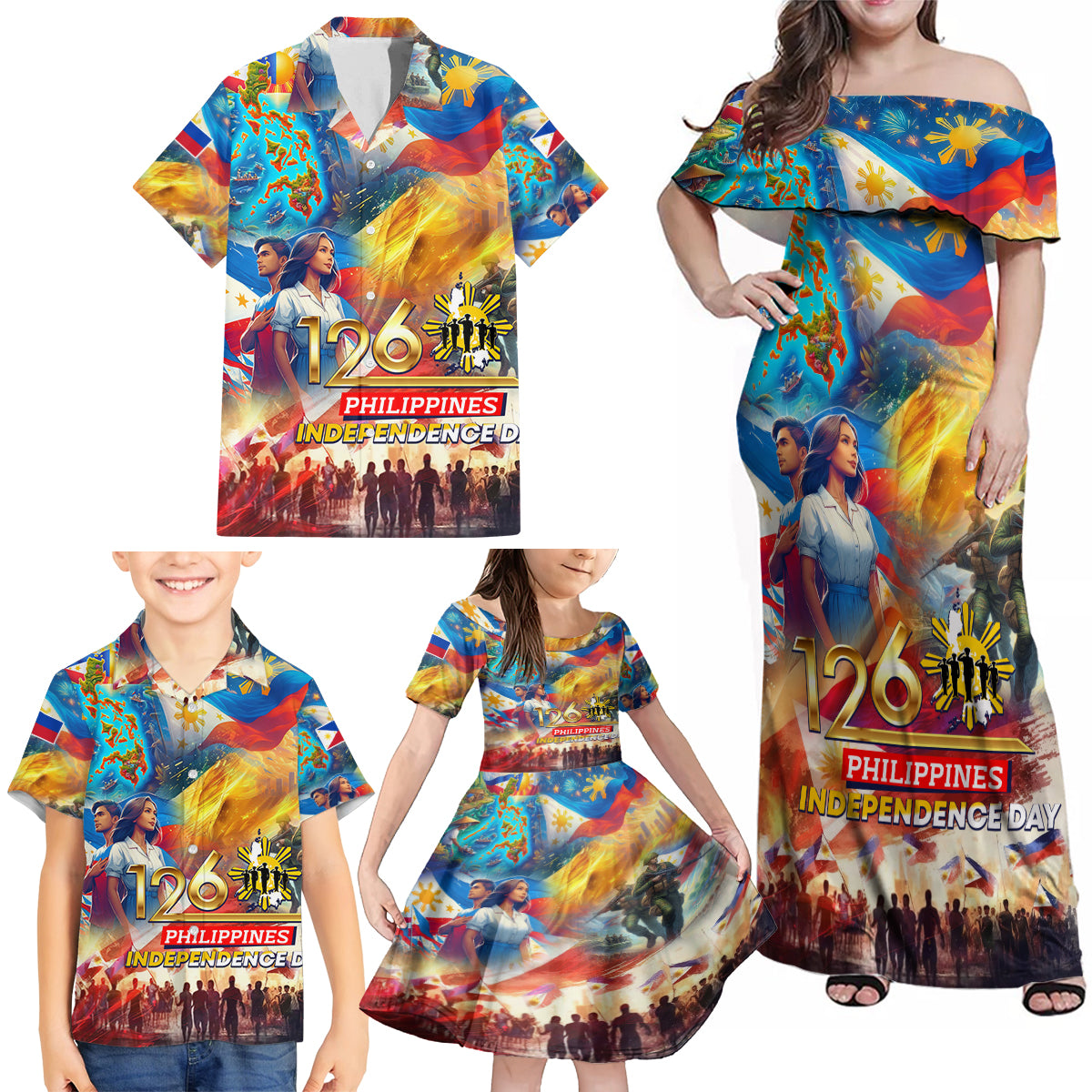 Custom The Philippines 126th Independence Anniversary Family Matching Off Shoulder Maxi Dress and Hawaiian Shirt Art Style DT02 - Polynesian Pride