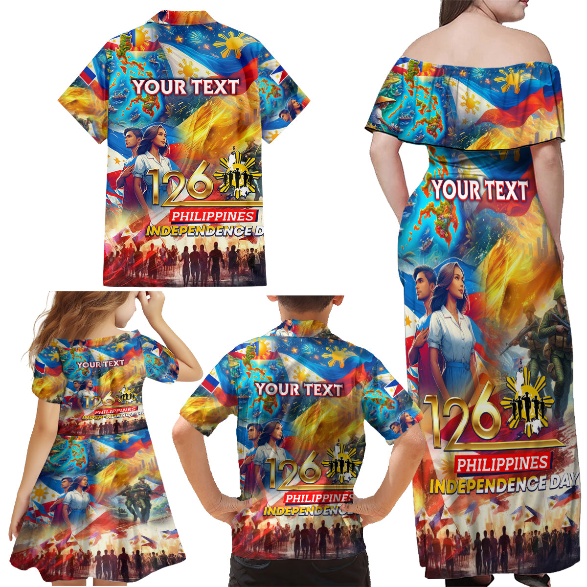 Custom The Philippines 126th Independence Anniversary Family Matching Off Shoulder Maxi Dress and Hawaiian Shirt Art Style DT02 - Polynesian Pride