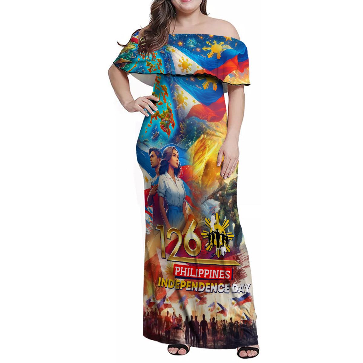 Custom The Philippines 126th Independence Anniversary Family Matching Off Shoulder Maxi Dress and Hawaiian Shirt Art Style DT02 Mom's Dress Art - Polynesian Pride