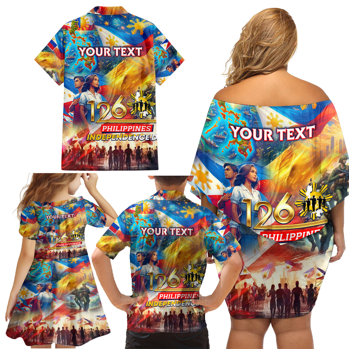 Custom The Philippines 126th Independence Anniversary Family Matching Off Shoulder Short Dress and Hawaiian Shirt Art Style DT02 - Polynesian Pride