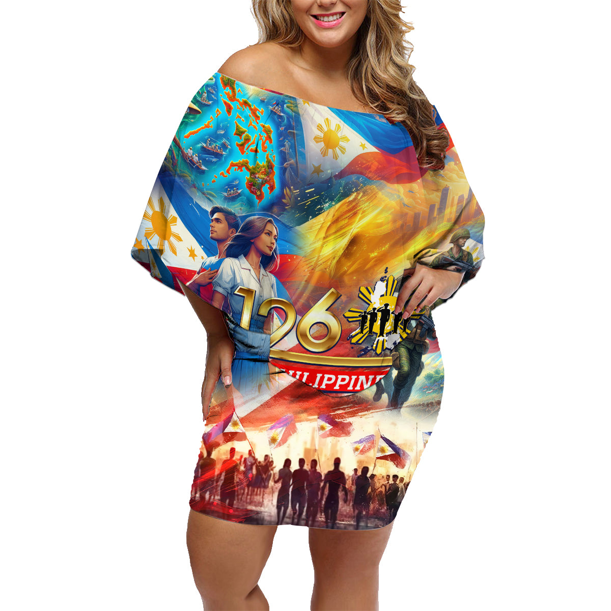 Custom The Philippines 126th Independence Anniversary Family Matching Off Shoulder Short Dress and Hawaiian Shirt Art Style DT02 Mom's Dress Art - Polynesian Pride
