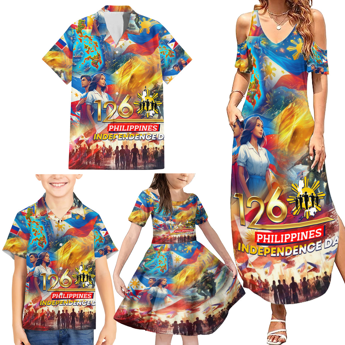 Custom The Philippines 126th Independence Anniversary Family Matching Summer Maxi Dress and Hawaiian Shirt Art Style DT02 - Polynesian Pride
