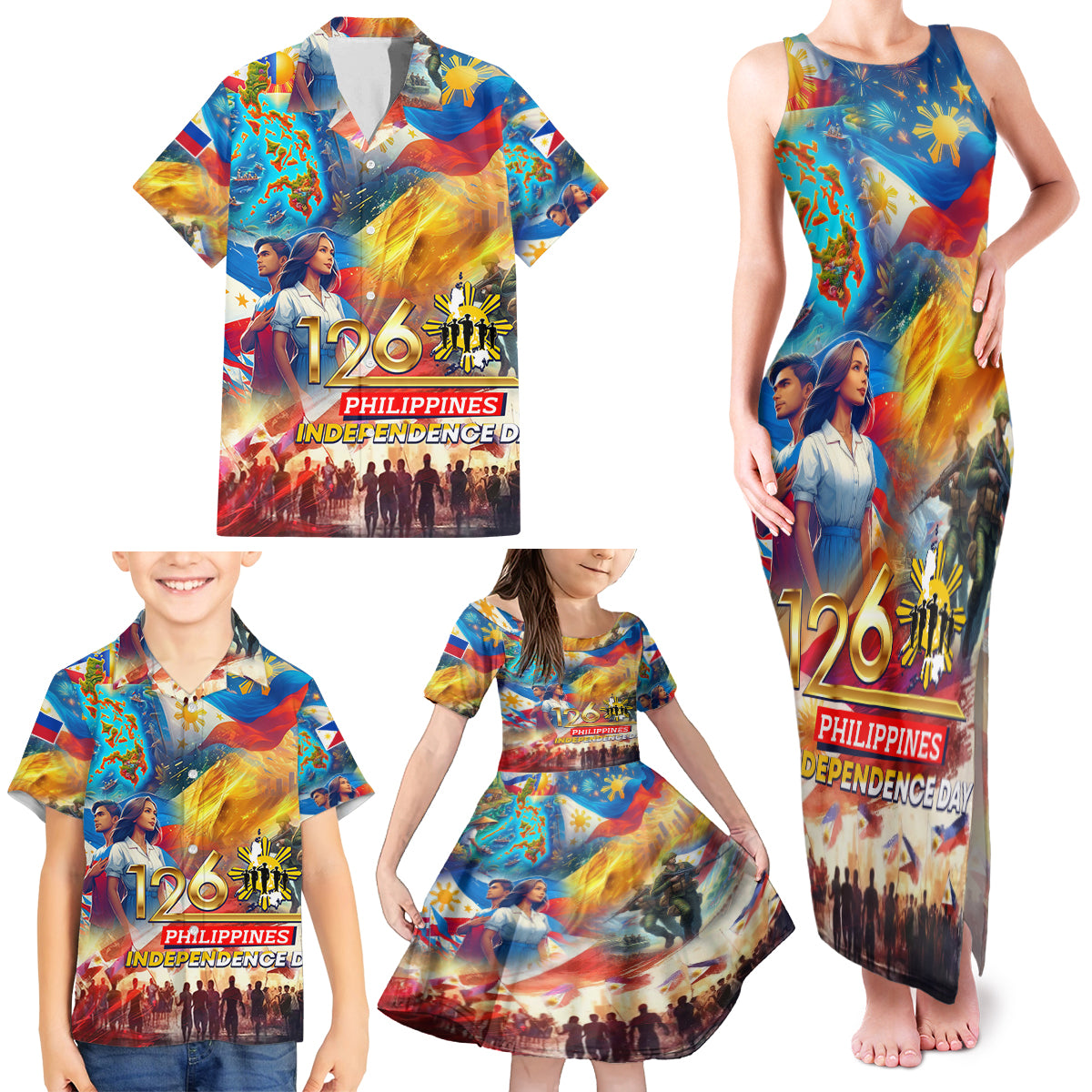Custom The Philippines 126th Independence Anniversary Family Matching Tank Maxi Dress and Hawaiian Shirt Art Style DT02 - Polynesian Pride
