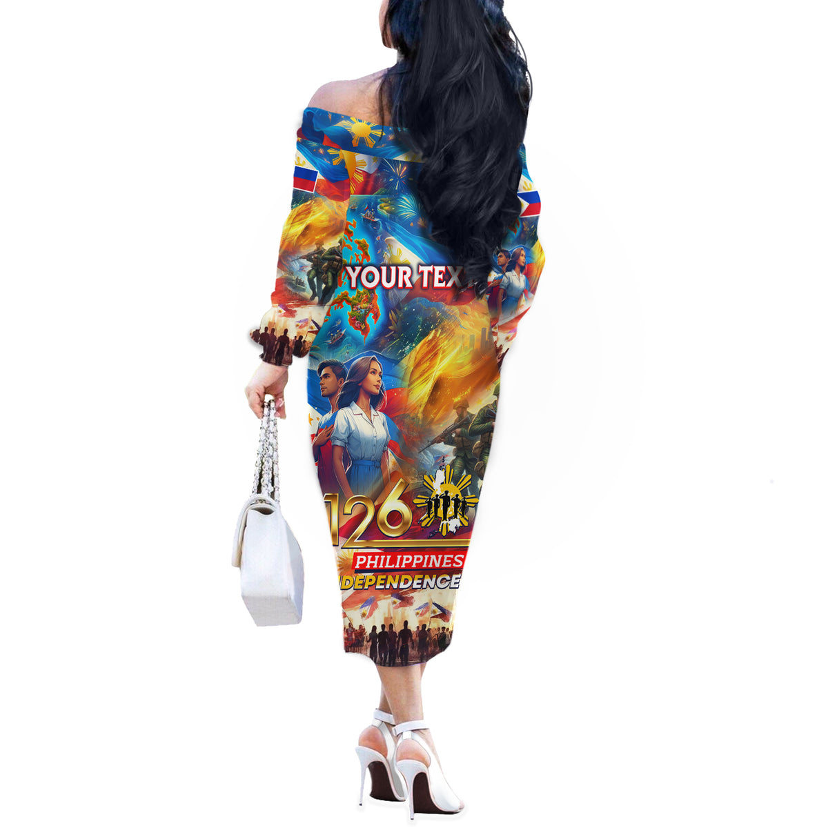 Custom The Philippines 126th Independence Anniversary Off The Shoulder Long Sleeve Dress Art Style DT02 - Polynesian Pride