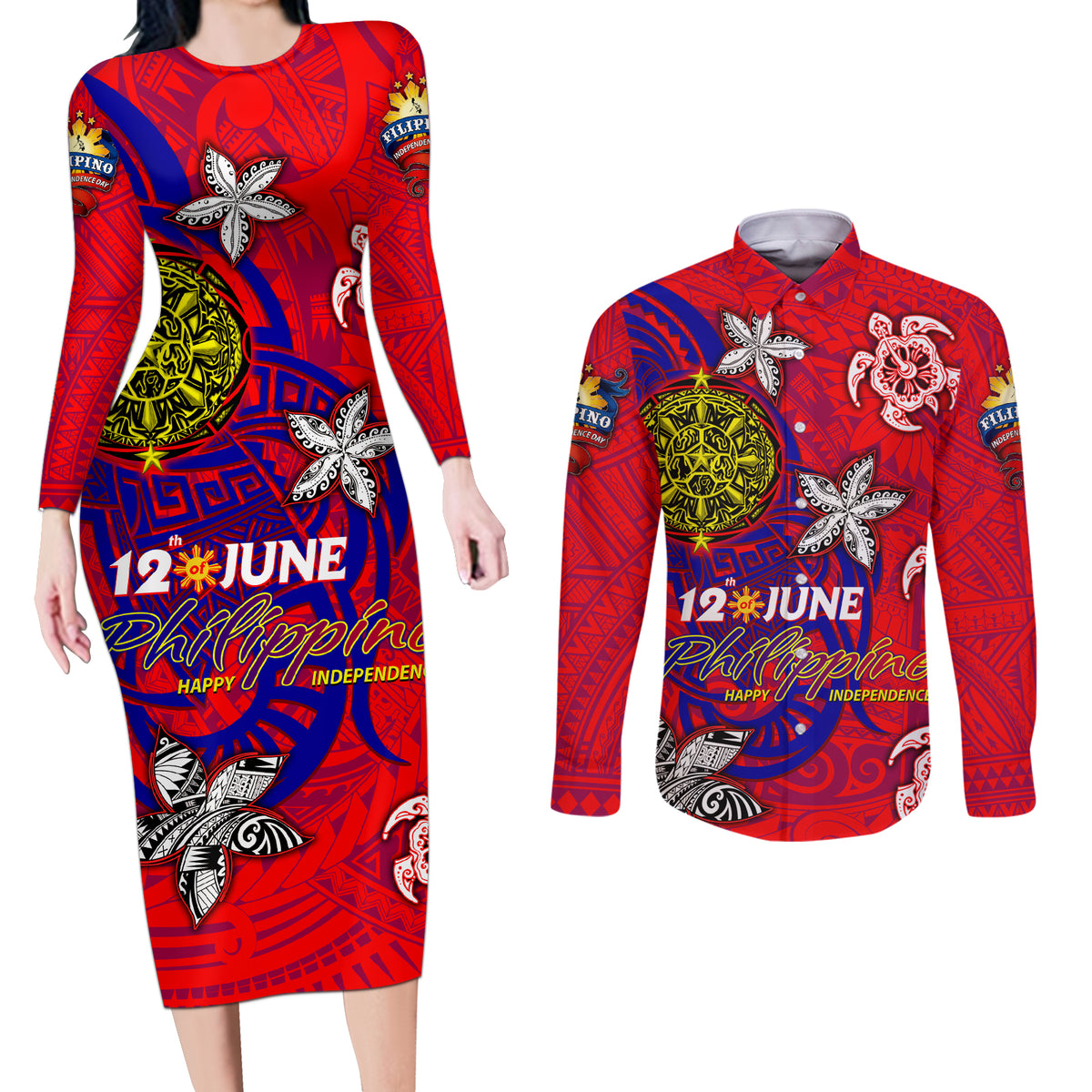 Personalized Philippines 12 June Independence Day Couples Matching Long Sleeve Bodycon Dress and Long Sleeve Button Shirt Polynesian Turtle Plumeria DT02 Red - Polynesian Pride