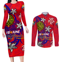 Personalized Philippines 12 June Independence Day Couples Matching Long Sleeve Bodycon Dress and Long Sleeve Button Shirt Polynesian Turtle Plumeria DT02 Red - Polynesian Pride