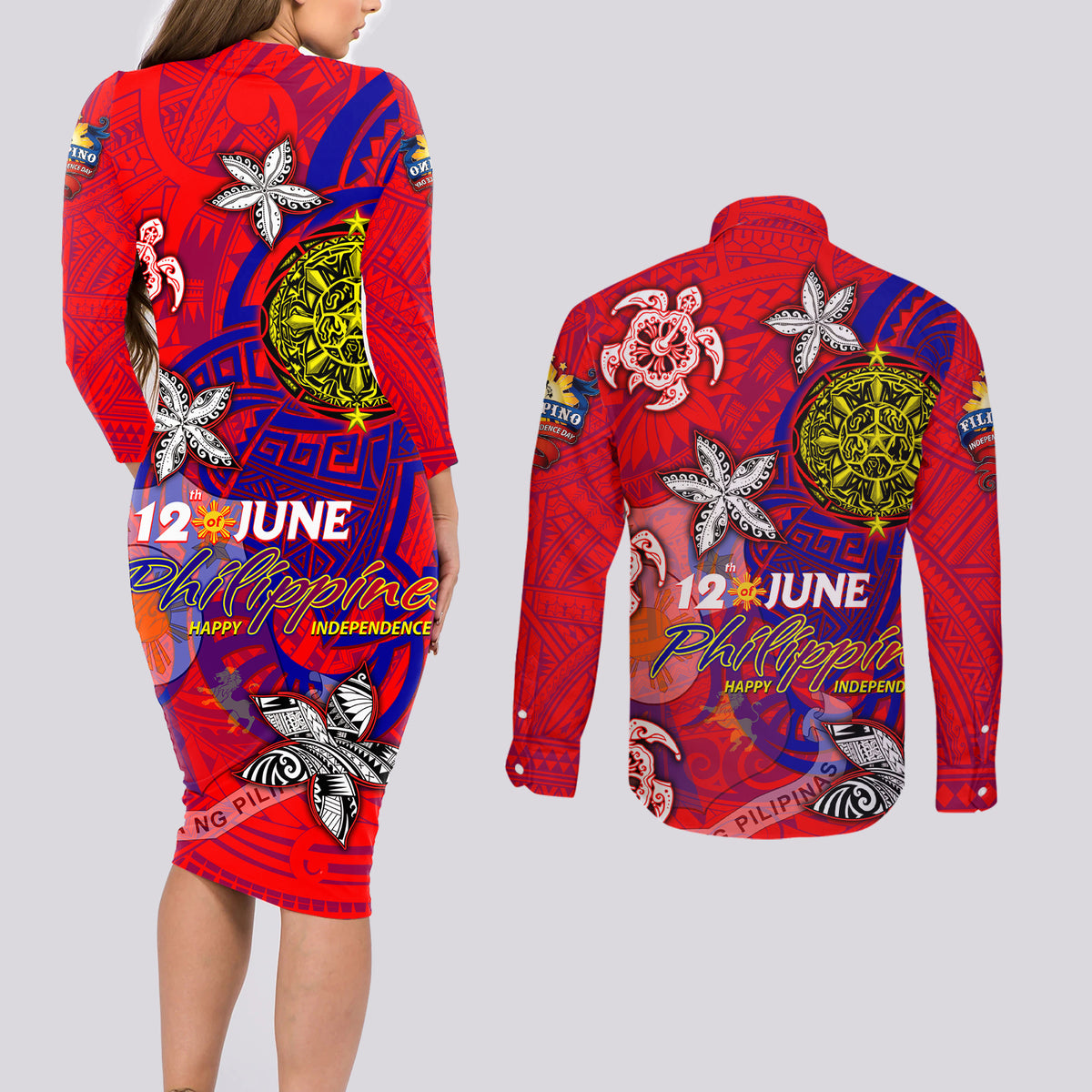 Personalized Philippines 12 June Independence Day Couples Matching Long Sleeve Bodycon Dress and Long Sleeve Button Shirt Polynesian Turtle Plumeria DT02 - Polynesian Pride
