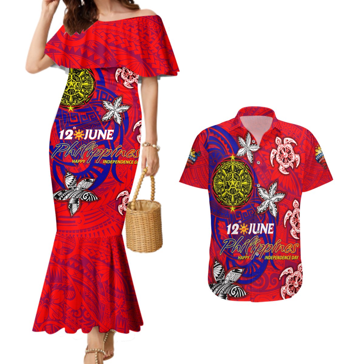 Personalized Philippines 12 June Independence Day Couples Matching Mermaid Dress and Hawaiian Shirt Polynesian Turtle Plumeria