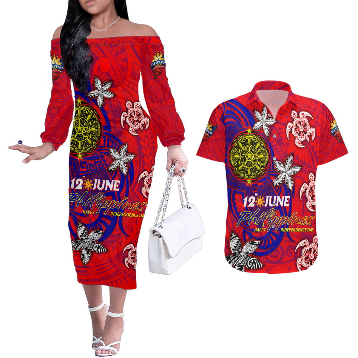 Personalized Philippines 12 June Independence Day Couples Matching Off The Shoulder Long Sleeve Dress and Hawaiian Shirt Polynesian Turtle Plumeria DT02 Red - Polynesian Pride