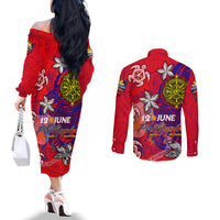 Personalized Philippines 12 June Independence Day Couples Matching Off The Shoulder Long Sleeve Dress and Long Sleeve Button Shirt Polynesian Turtle Plumeria DT02 - Polynesian Pride