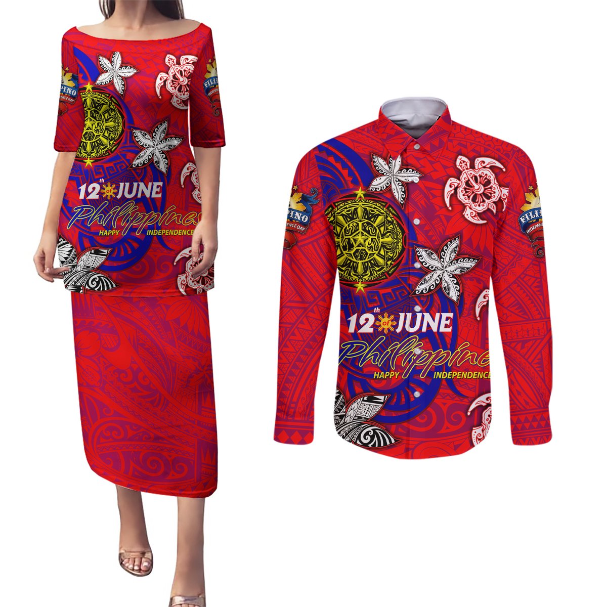 Personalized Philippines 12 June Independence Day Couples Matching Puletasi and Long Sleeve Button Shirt Polynesian Turtle Plumeria