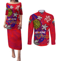 Personalized Philippines 12 June Independence Day Couples Matching Puletasi and Long Sleeve Button Shirt Polynesian Turtle Plumeria