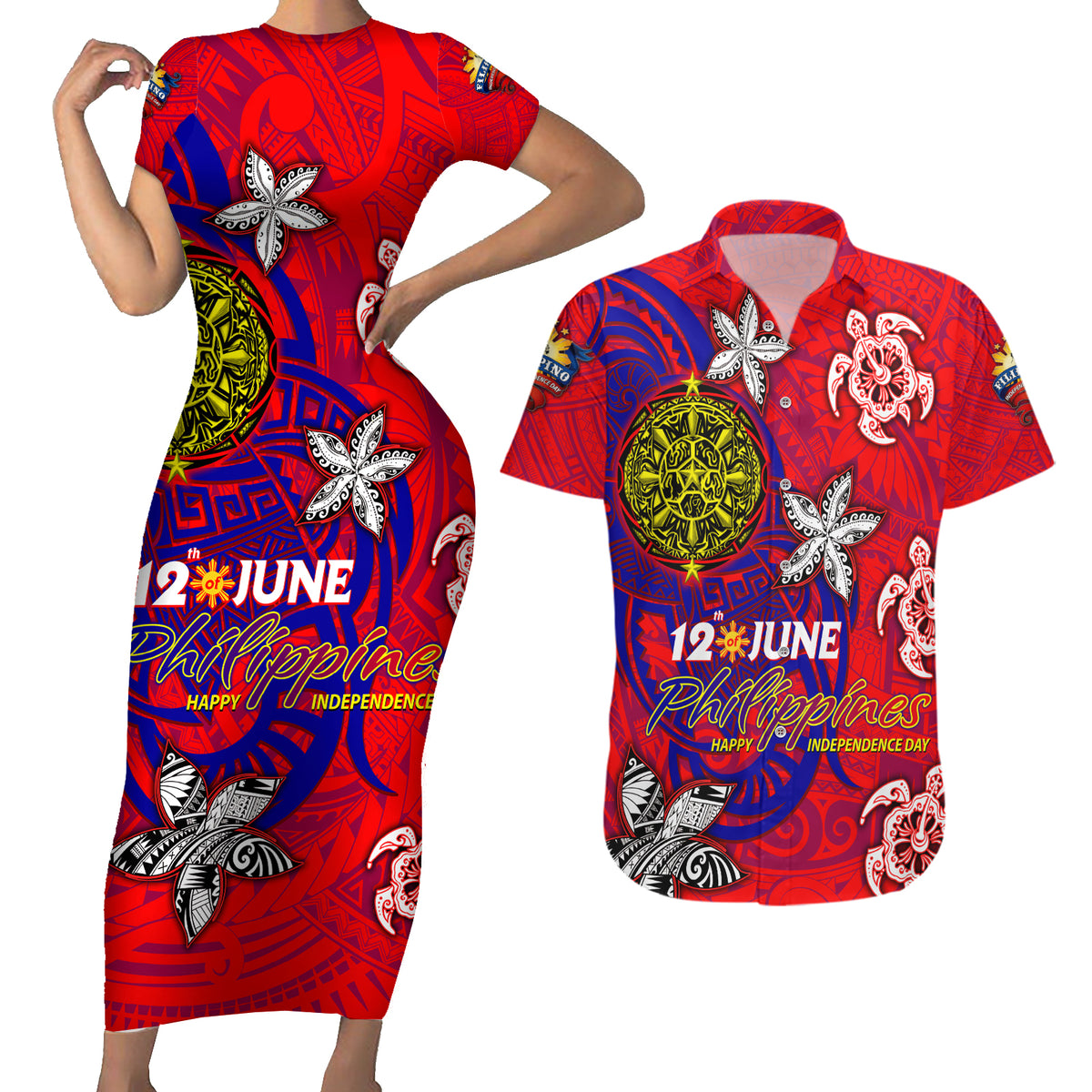 Personalized Philippines 12 June Independence Day Couples Matching Short Sleeve Bodycon Dress and Hawaiian Shirt Polynesian Turtle Plumeria DT02 Red - Polynesian Pride