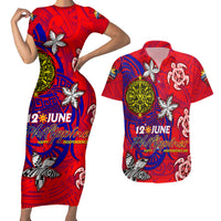 Personalized Philippines 12 June Independence Day Couples Matching Short Sleeve Bodycon Dress and Hawaiian Shirt Polynesian Turtle Plumeria DT02 Red - Polynesian Pride
