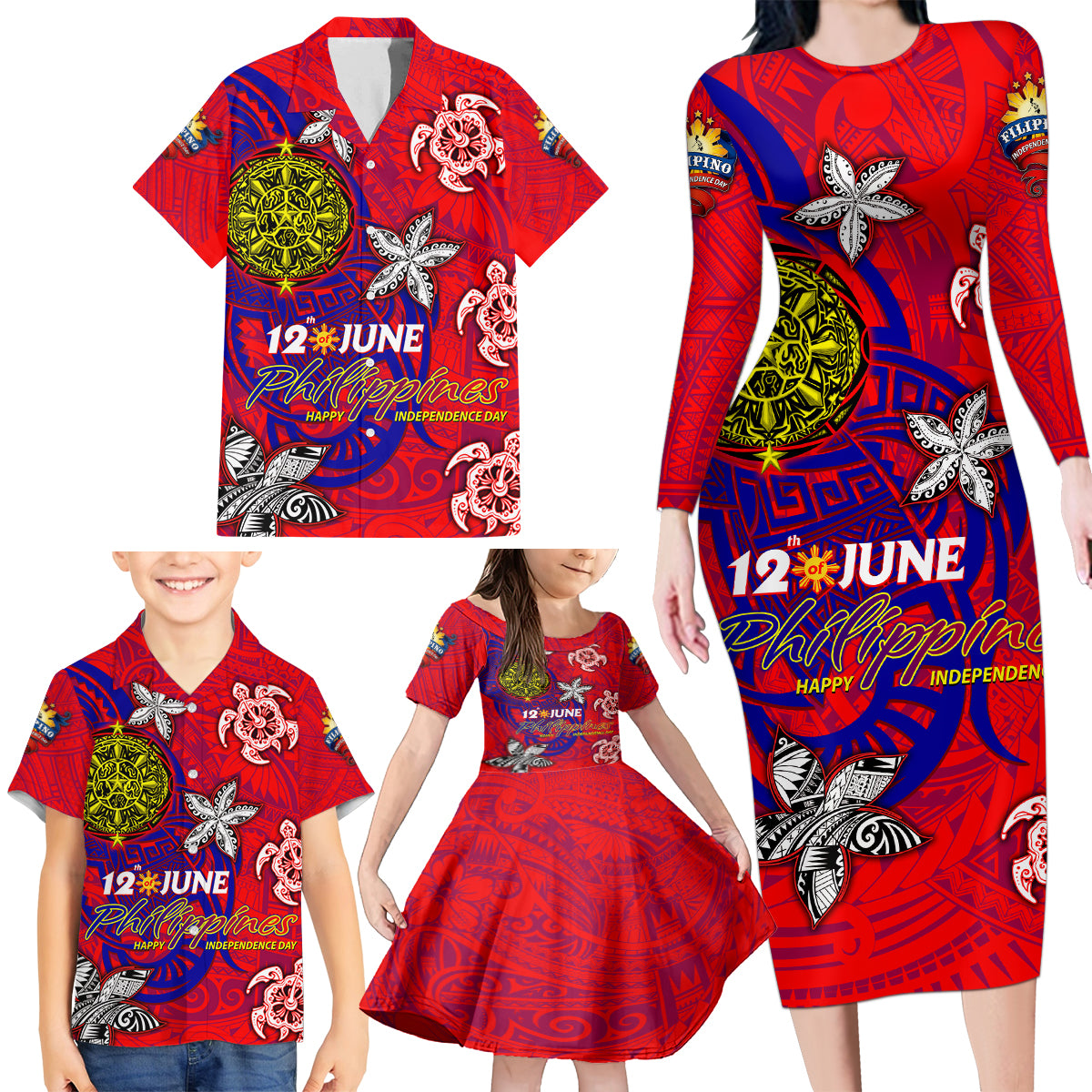 Personalized Philippines 12 June Independence Day Family Matching Long Sleeve Bodycon Dress and Hawaiian Shirt Polynesian Turtle Plumeria DT02 - Polynesian Pride