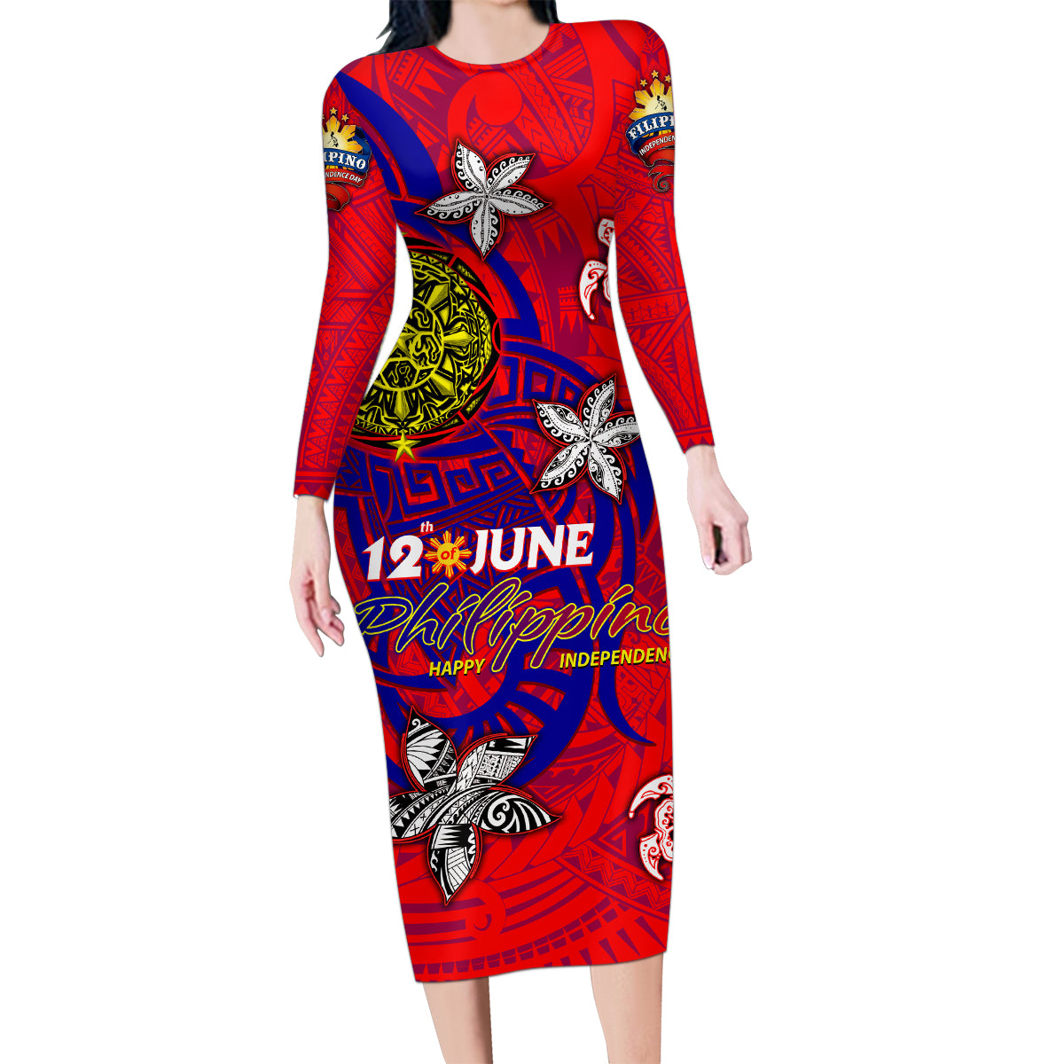 Personalized Philippines 12 June Independence Day Family Matching Long Sleeve Bodycon Dress and Hawaiian Shirt Polynesian Turtle Plumeria DT02 Mom's Dress Red - Polynesian Pride