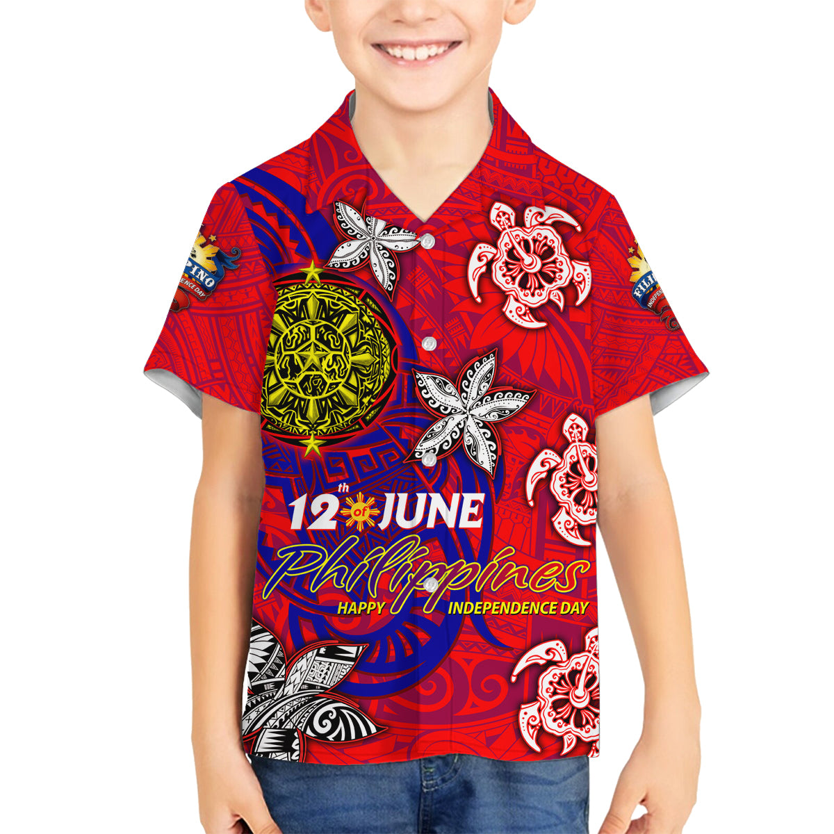 Personalized Philippines 12 June Independence Day Family Matching Long Sleeve Bodycon Dress and Hawaiian Shirt Polynesian Turtle Plumeria DT02 Son's Shirt Red - Polynesian Pride