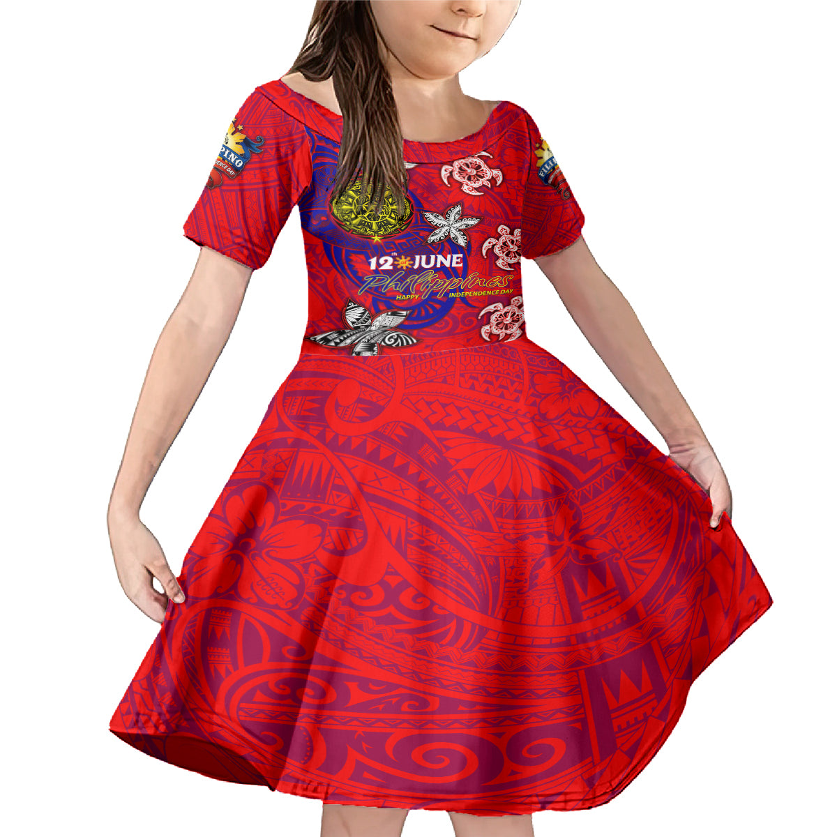 Personalized Philippines 12 June Independence Day Family Matching Mermaid Dress and Hawaiian Shirt Polynesian Turtle Plumeria DT02 Daughter's Dress Red - Polynesian Pride