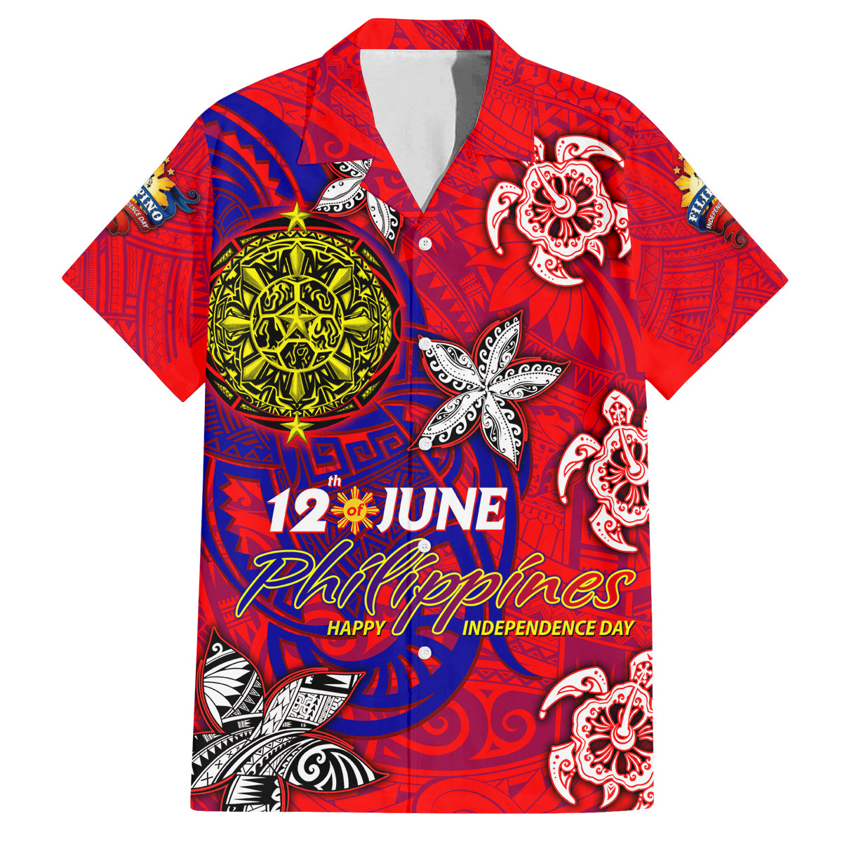 Personalized Philippines 12 June Independence Day Family Matching Off The Shoulder Long Sleeve Dress and Hawaiian Shirt Polynesian Turtle Plumeria DT02 Dad's Shirt - Short Sleeve Red - Polynesian Pride