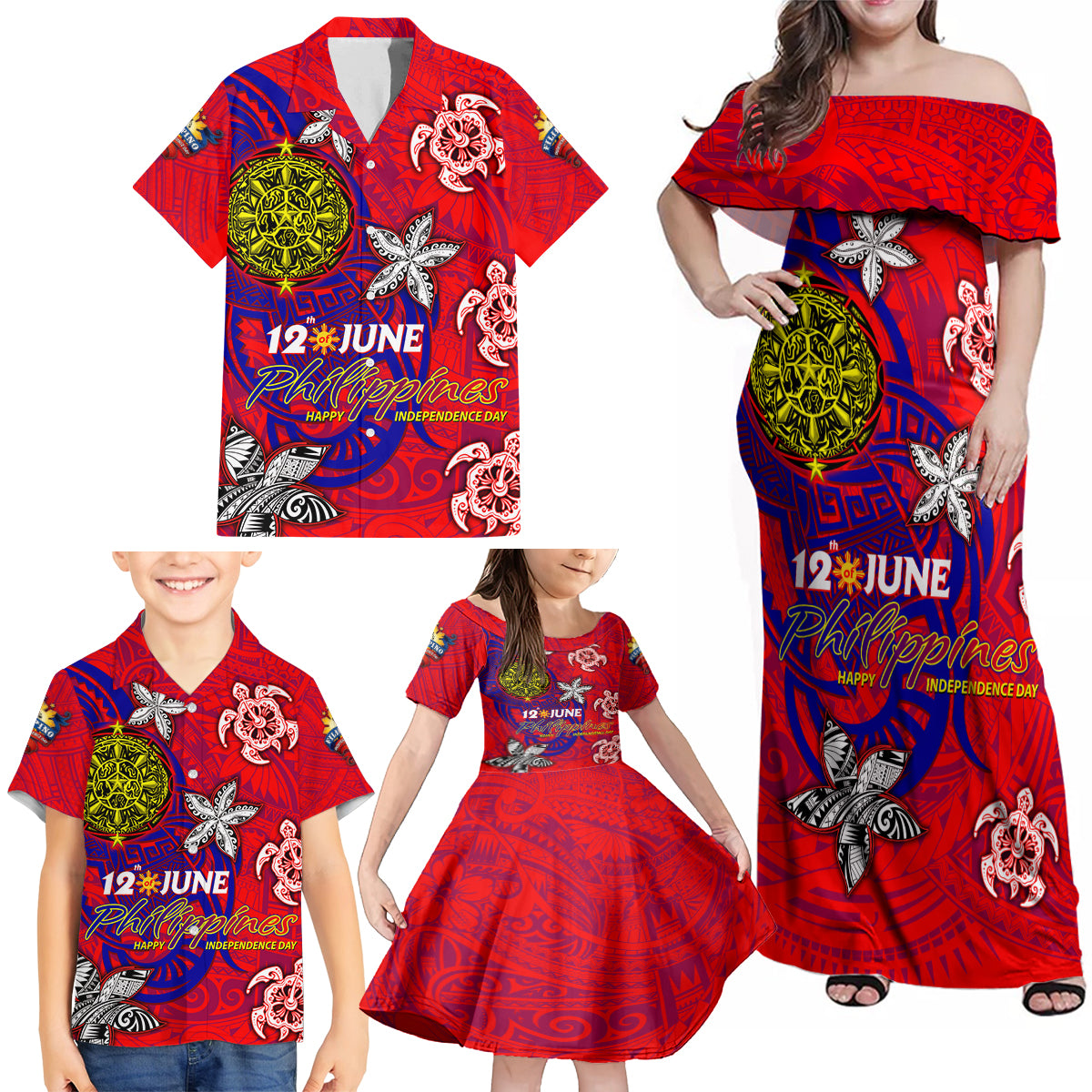 Personalized Philippines 12 June Independence Day Family Matching Off Shoulder Maxi Dress and Hawaiian Shirt Polynesian Turtle Plumeria DT02 - Polynesian Pride