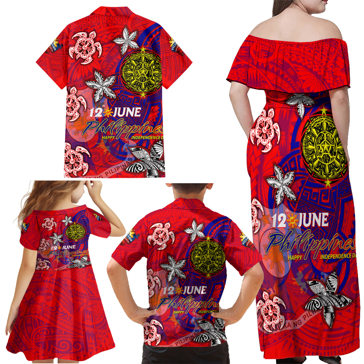 Personalized Philippines 12 June Independence Day Family Matching Off Shoulder Maxi Dress and Hawaiian Shirt Polynesian Turtle Plumeria DT02 - Polynesian Pride