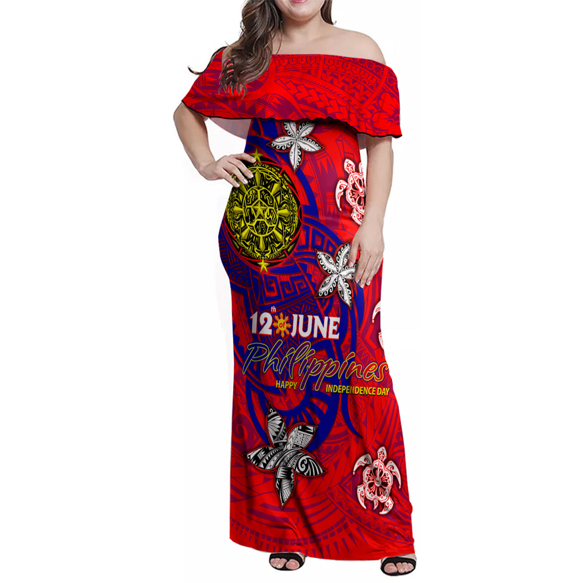 Personalized Philippines 12 June Independence Day Family Matching Off Shoulder Maxi Dress and Hawaiian Shirt Polynesian Turtle Plumeria DT02 Mom's Dress Red - Polynesian Pride
