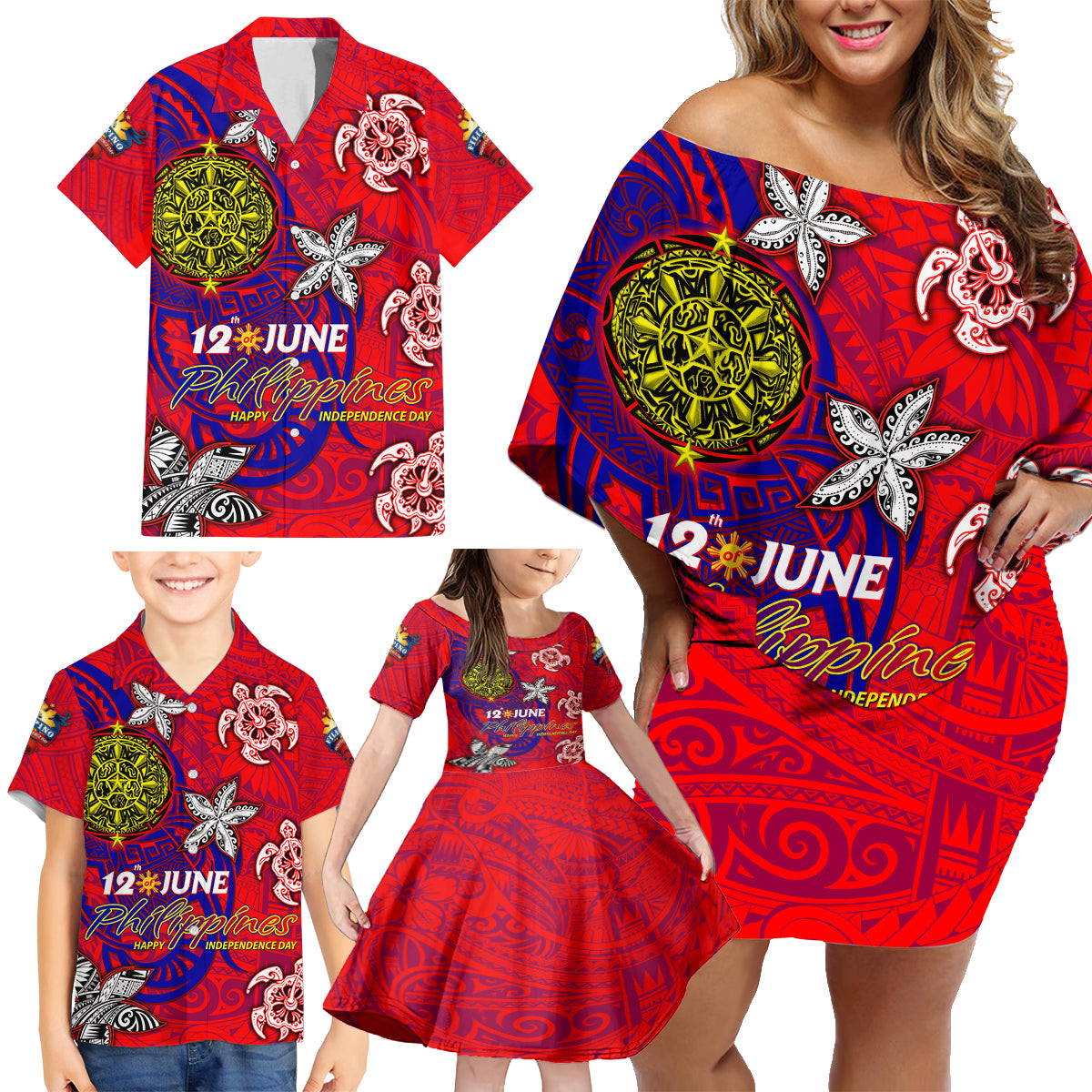 Personalized Philippines 12 June Independence Day Family Matching Off Shoulder Short Dress and Hawaiian Shirt Polynesian Turtle Plumeria DT02 - Polynesian Pride