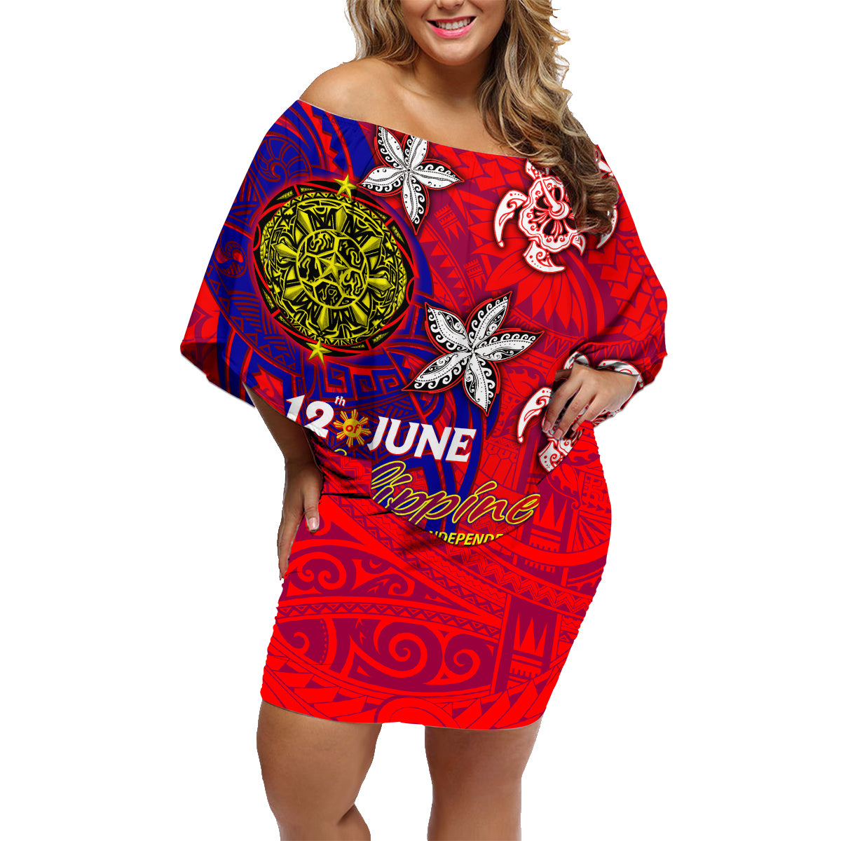 Personalized Philippines 12 June Independence Day Family Matching Off Shoulder Short Dress and Hawaiian Shirt Polynesian Turtle Plumeria DT02 Mom's Dress Red - Polynesian Pride