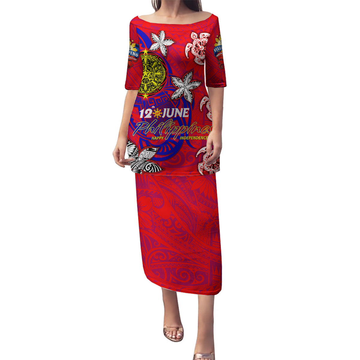 Personalized Philippines 12 June Independence Day Family Matching Puletasi and Hawaiian Shirt Polynesian Turtle Plumeria DT02 Mom's Dress Red - Polynesian Pride