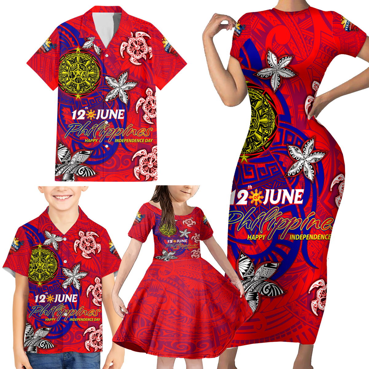 Personalized Philippines 12 June Independence Day Family Matching Short Sleeve Bodycon Dress and Hawaiian Shirt Polynesian Turtle Plumeria DT02 - Polynesian Pride