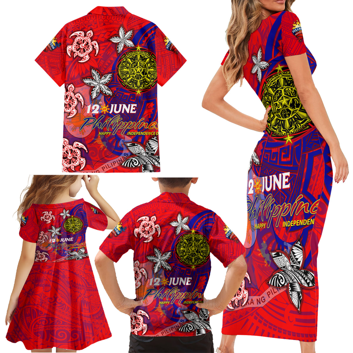 Personalized Philippines 12 June Independence Day Family Matching Short Sleeve Bodycon Dress and Hawaiian Shirt Polynesian Turtle Plumeria DT02 - Polynesian Pride