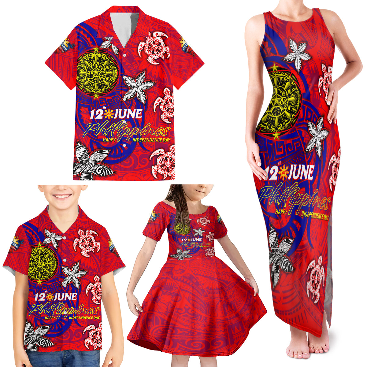 Personalized Philippines 12 June Independence Day Family Matching Tank Maxi Dress and Hawaiian Shirt Polynesian Turtle Plumeria DT02 - Polynesian Pride