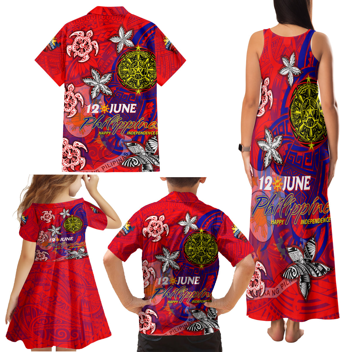 Personalized Philippines 12 June Independence Day Family Matching Tank Maxi Dress and Hawaiian Shirt Polynesian Turtle Plumeria DT02 - Polynesian Pride