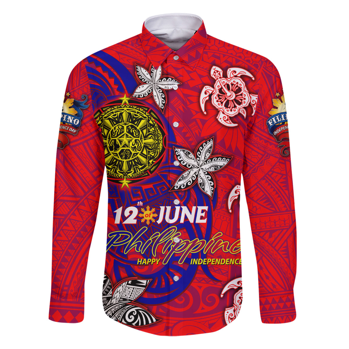Personalized Philippines 12 June Independence Day Family Matching Tank Maxi Dress and Hawaiian Shirt Polynesian Turtle Plumeria DT02 Dad's Shirt - Long Sleeve Red - Polynesian Pride