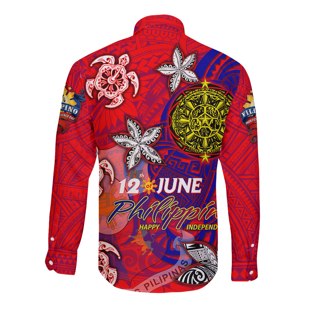 Personalized Philippines 12 June Independence Day Long Sleeve Button Shirt Polynesian Turtle Plumeria