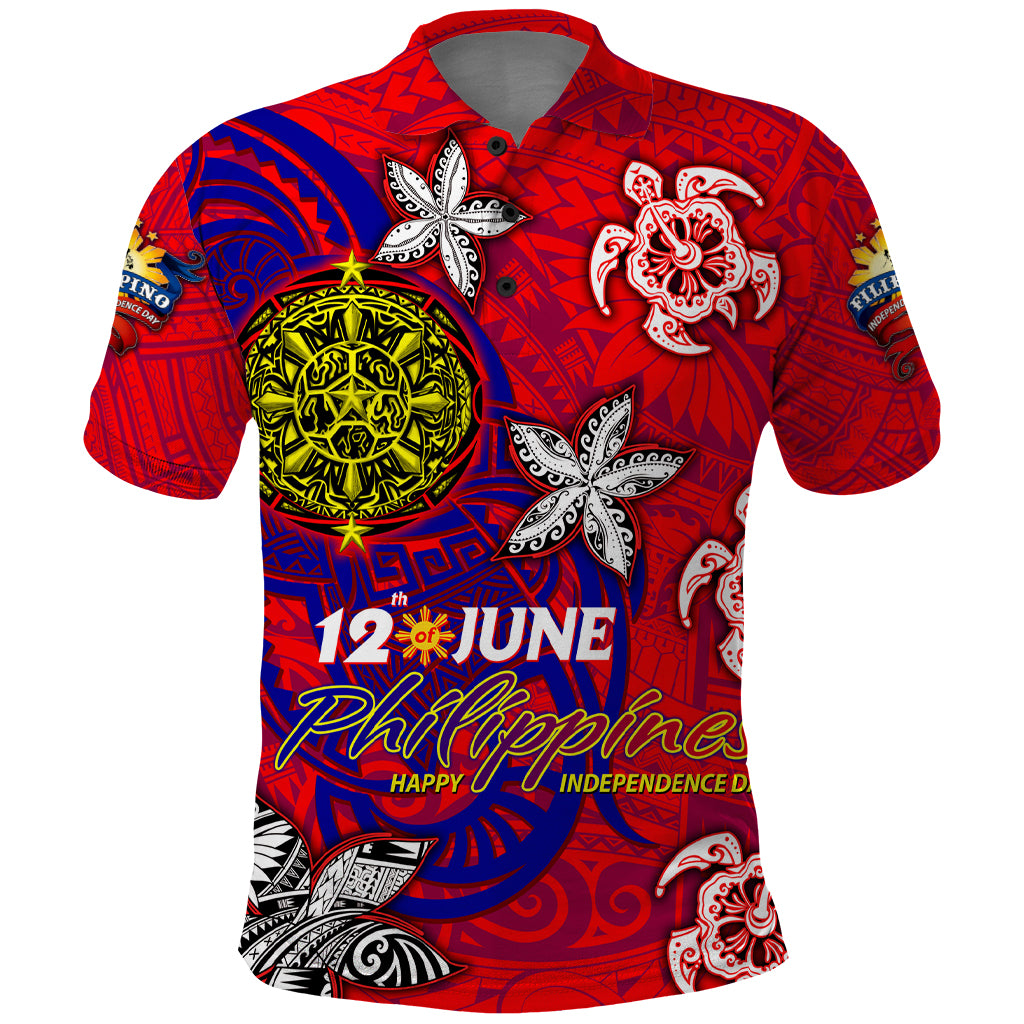 Personalized Philippines 12 June Independence Day Polo Shirt Polynesian Turtle Plumeria DT02 Red - Polynesian Pride